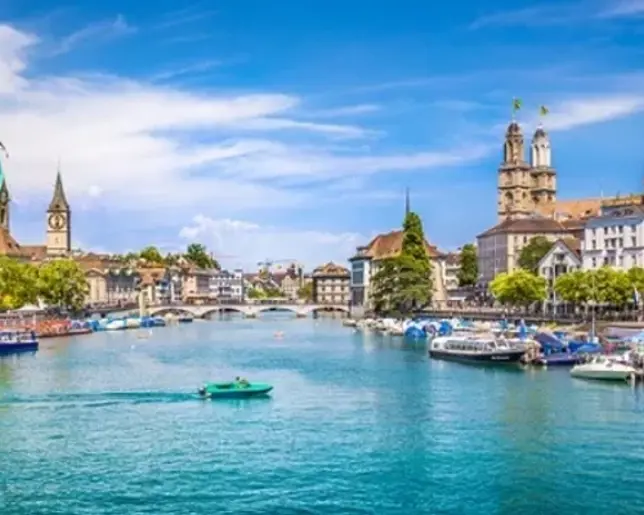 Scenic Swiss city riverfront with churches, bridges, boats, and a bright blue sky.